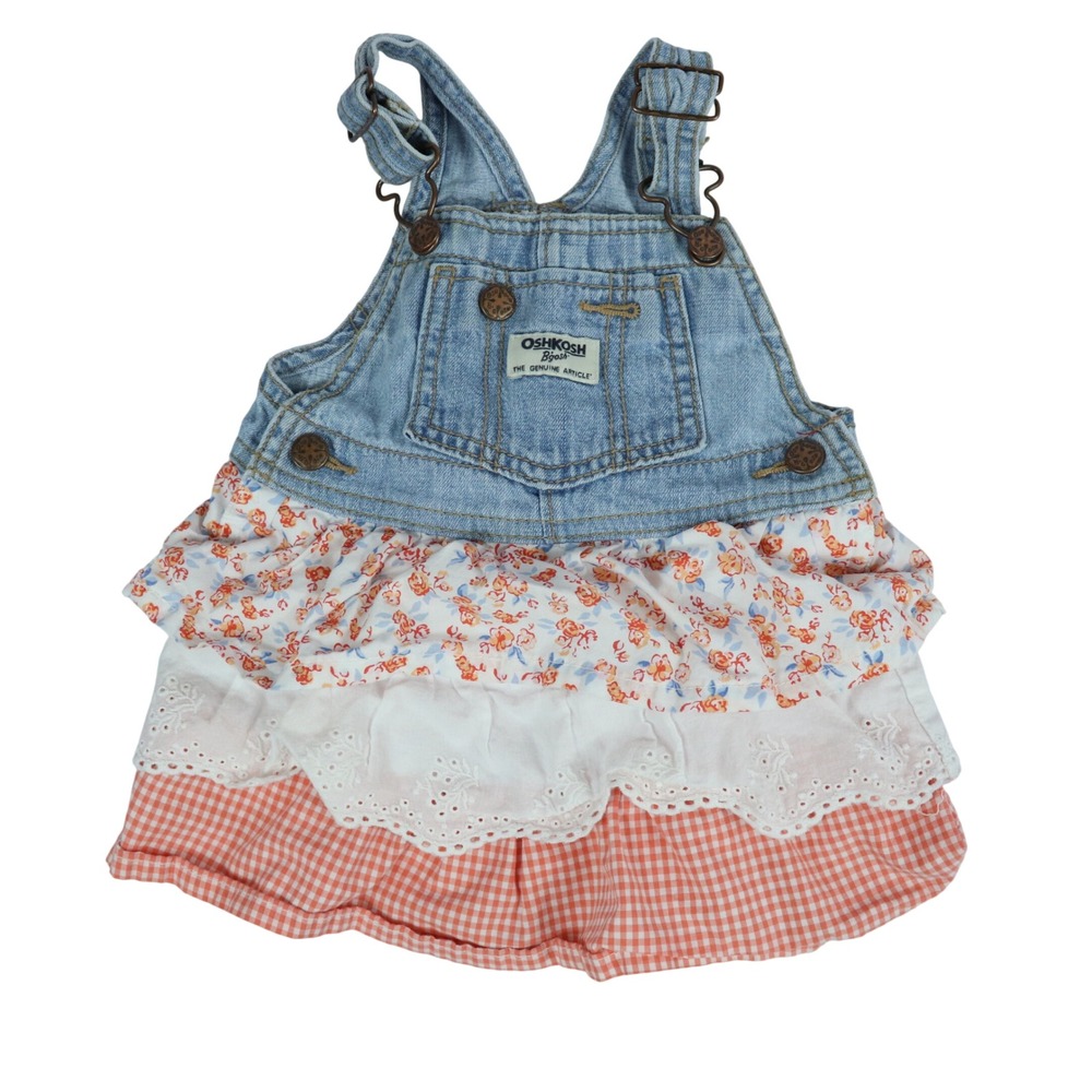 OshKosh Bgosh Denim Overall Floral Gingham Ruffle Skirt Dress 18m Farmhouse Boho